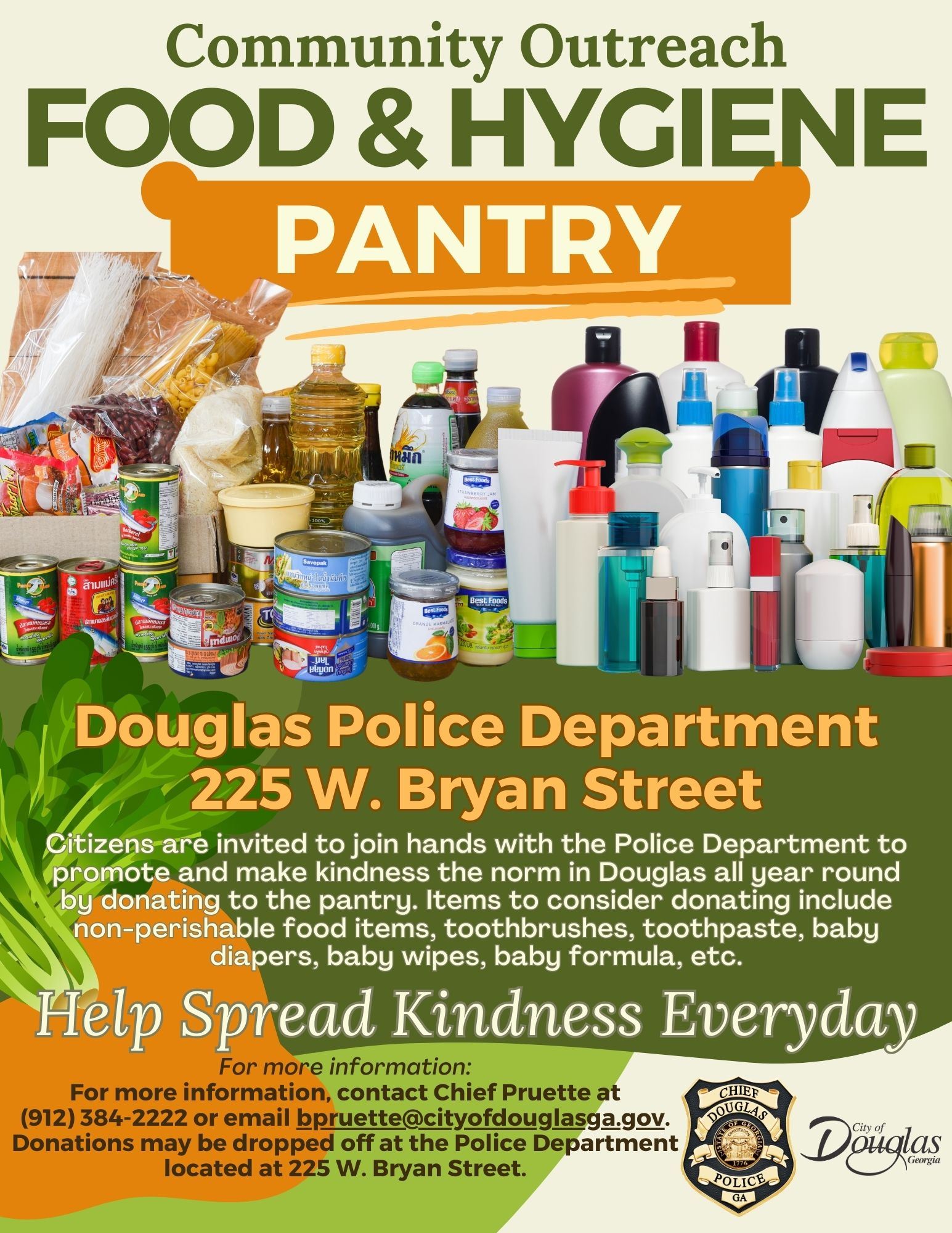 Flyer with information about the food and hygiene pantry