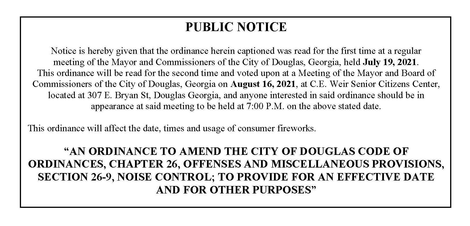Photo of Public Notice - Fireworks Ordinance