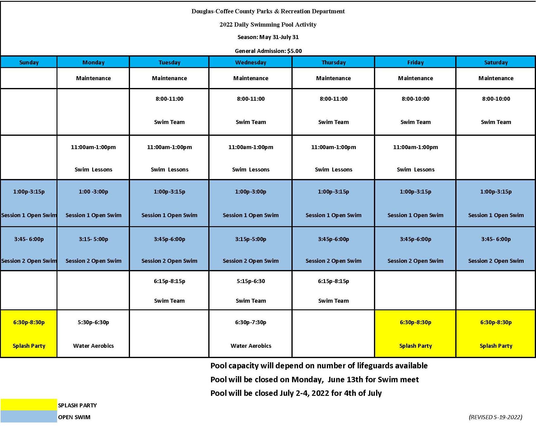 2022 Modified Swimming Pool Schedule 5-19-2022